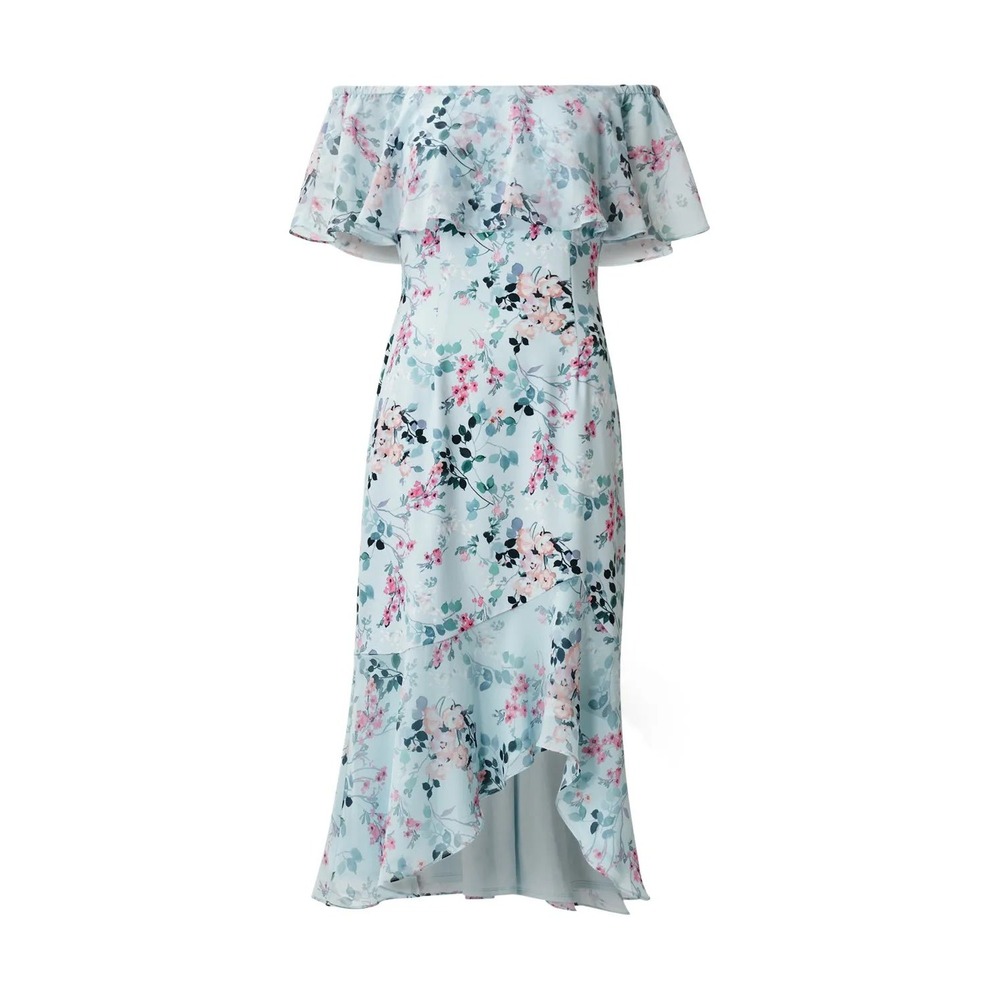 Adrianna Papell Light Blue Floral Off-Shoulder Midi Dress